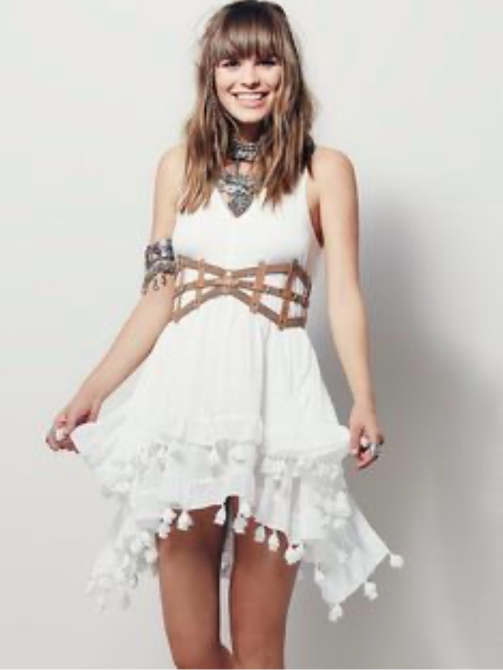 Free People White High-Low Tassel Dress